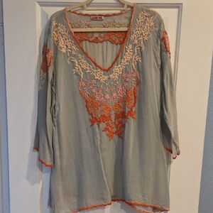 Johnny Was - Gray Tunic with Orange and Cream Embroidery